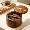 Seasoning Container with Spoon Wood Salt Swivel Magnetic Lid, Built-in Small Cellar for Countertop Jar, Moisture Proof Spice Kitchen Solid Box