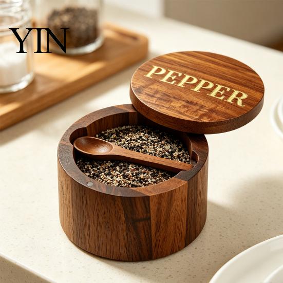 Seasoning Container with Spoon Wood Salt Swivel Magnetic Lid, Built-in Small Cellar for Countertop Jar, Moisture Proof Spice Kitchen Solid Box