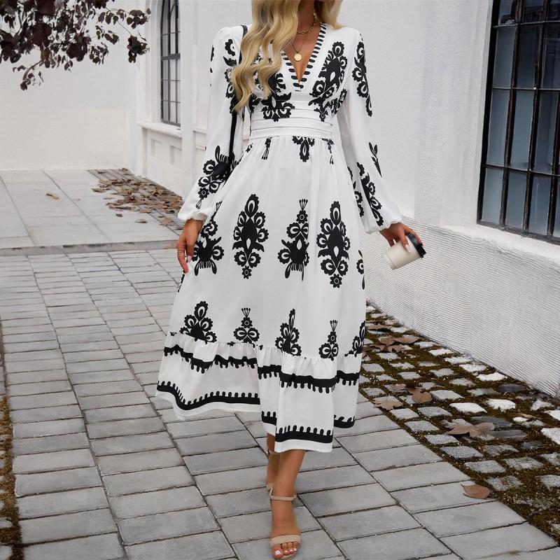 2025 Dress Women s Elegant Printed V-neck A-line Small белый
