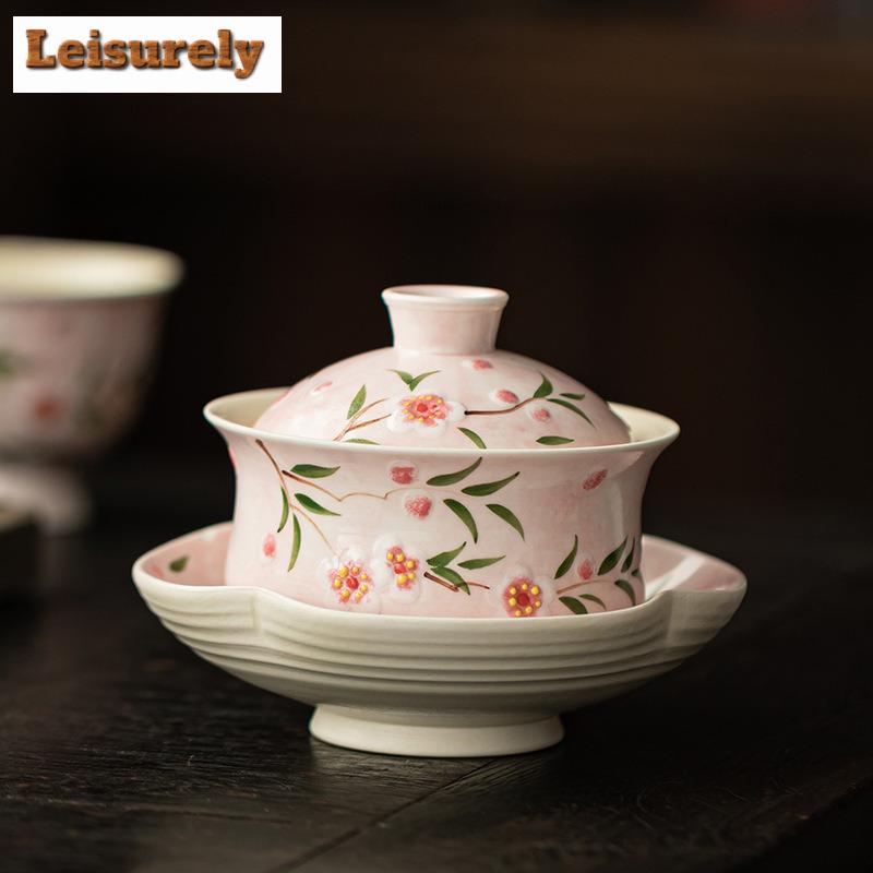 90ml Hand-painted Peach Blossom Gaiwan Handmade Tea Tureen Tea Bowl With Lid Kit Tea Brewing Cover Bowl Chinese Tea Set Gifts