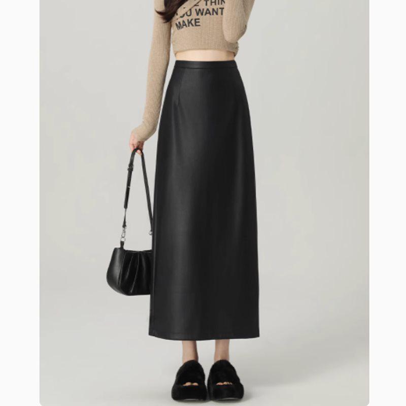 Schwarzer Damen Midirock mit hoher Taille aus PU-Leder - Figurbetonend A-Linie Bodycon mit Schlitz