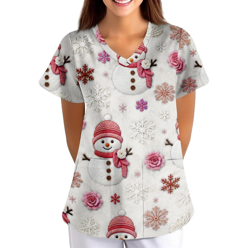 Women's Christmas Print Loose Fit V-Neck Short Sleeve Scrub Top with Pockets for Work