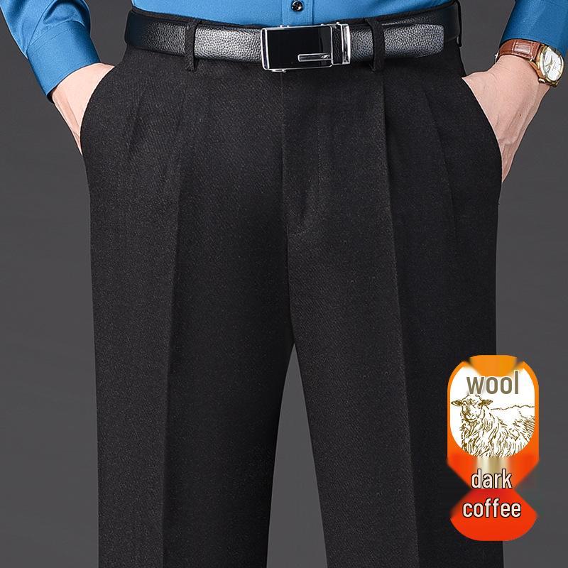 Herren Wollfleece-Hosen mit hohem Bund: Herbst/Winter, Doppelfalte, Lockerer Schnitt, Gerades Bein für mittleres und älteres Alter.