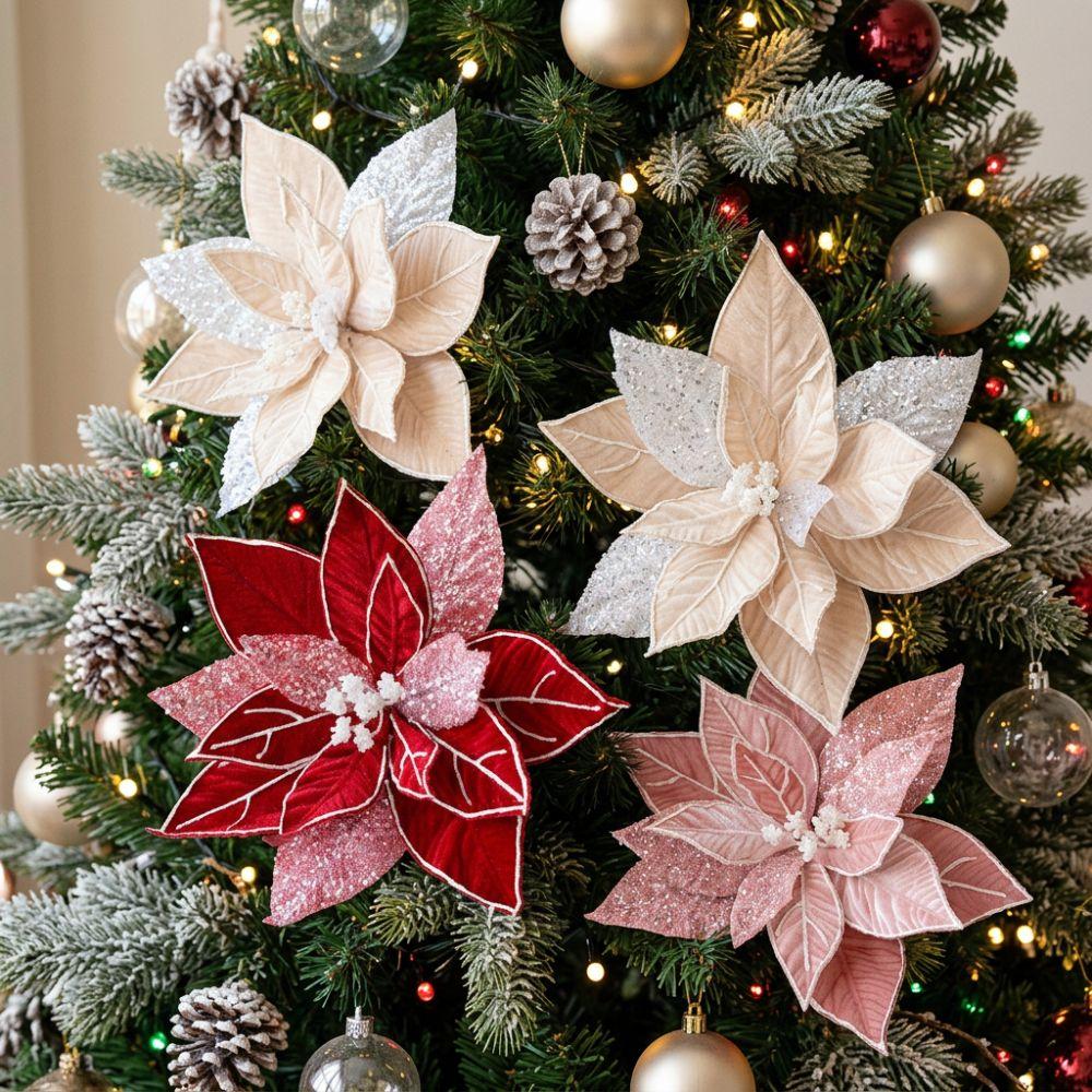 Glitter Powder Artificial Poinsettia Pick Colorful Christmas Decor Flower Christmas Tree