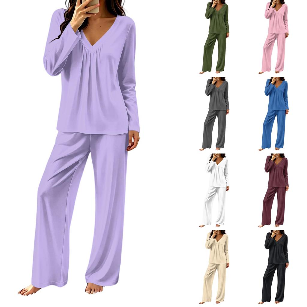 Women's V-Neck Loose Fit Pajama Set with Pants - Color Casual Two-Piece Nightwear