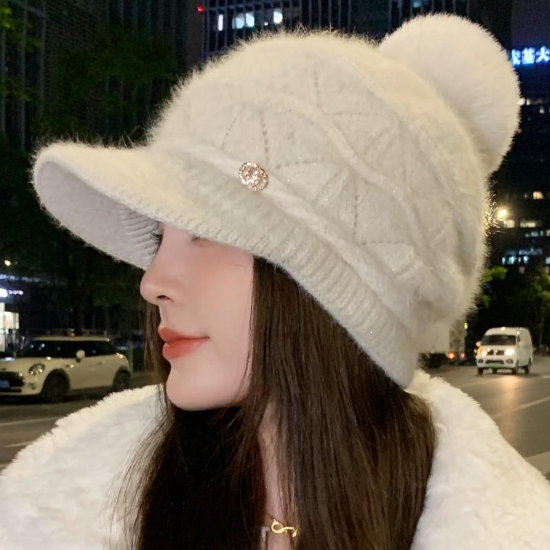 

Осінь, зима, м’які плюшеві в’язані шапки, жіночі дівчата, теплі шапочки з потовщеною флісовою підкладкою з короткими полями, повсякденні на відкритому повітрі, вітрозахисні шапки one size білий
