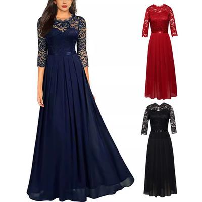 Women Dress Chiffon See-through Lace Patchwork Round Neck Long Sleeves Evening Dress Slim Waist A-line Pleated Prom Party Dress