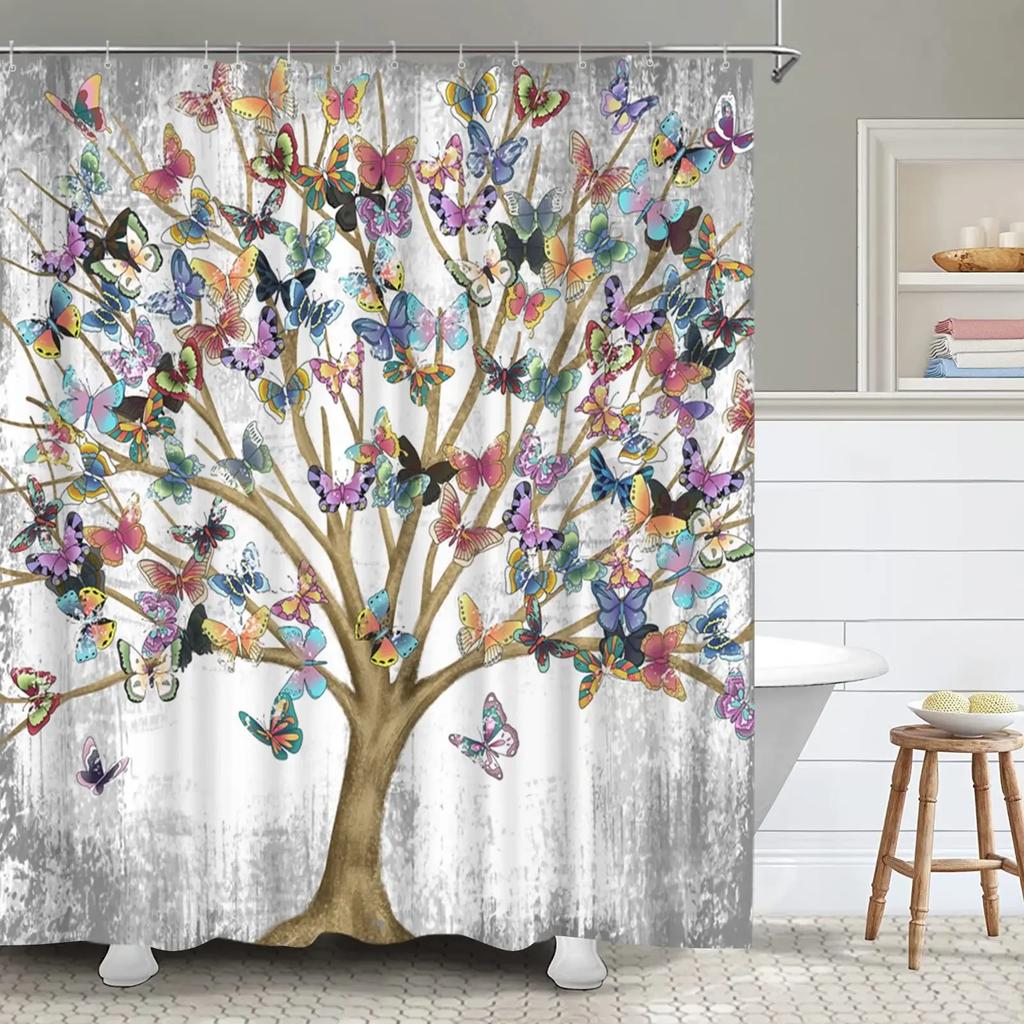 Floral Shower Curtains for Bathroom Pink Plant Flowers Watercolor Butterfly Wildflower Botanical Bathroom Curtain Set,Waterproof