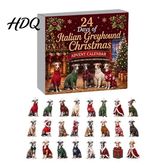 Dog Lover Christmas Gifts Greyhound Advent Calendar 24 Days Countdown 2D Acrylic Hanging Ornaments Flat for Holiday Tree Decoration Pendants