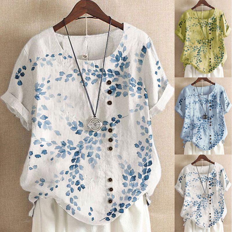 Ladies' Plus Size Floral Print Top Made From Soft Breathable Cotton Linen