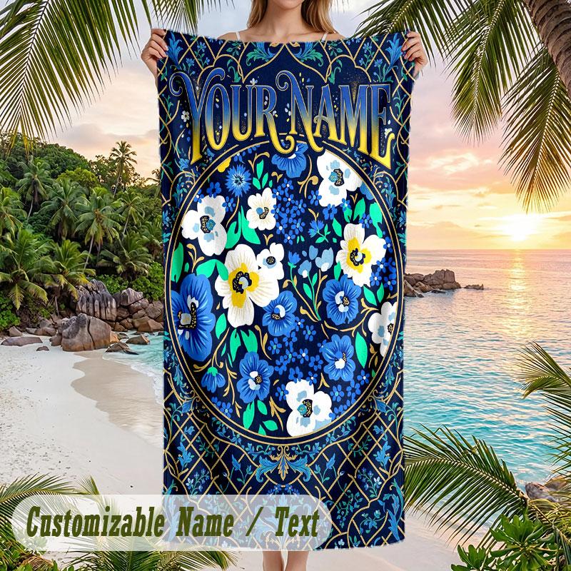 Floral Art Card 5 Theme Quick Dry Beach Towel Custom Name Text Print Large Sand Resistant Towel Beach Vacation