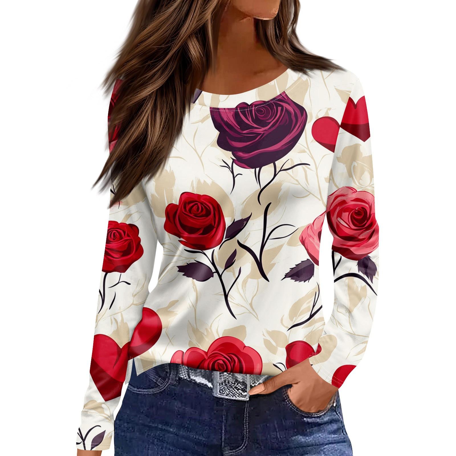 

Женская модная повседневная футболка с разрезом и круглым вырезом, длинным рукавом и принтом ко Дню святого Валентина, женский топ L красный