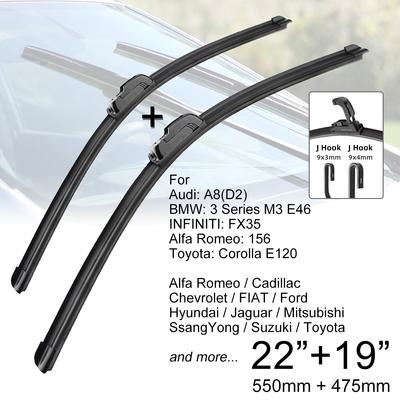 OEM Quality Premium All-Season Car Front Windshield Wiper Blades 22" + 19" J Hook U-type Universal For FIAT Ford BMW Hyundai Mitsubishi Suzuki Toyota