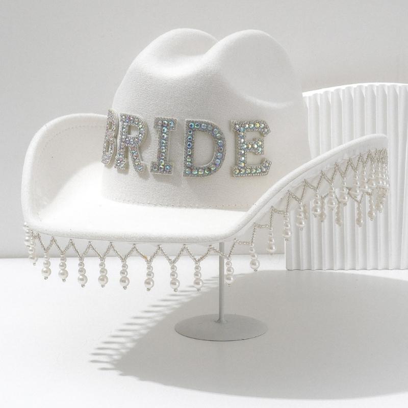 Luxurious Pearls Cowboy Hats Bride Hat Panama Hat for Bachelorette Party Cowboy Hats for Club Stage Shows