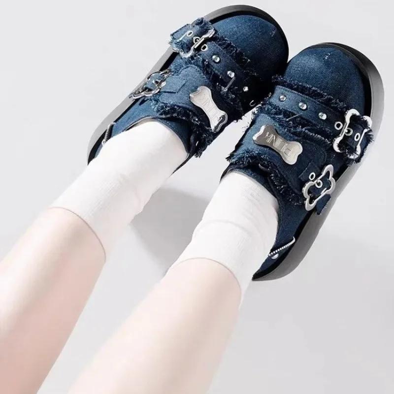 Punk Metallkette Klobige Plateau Stiefeletten Damen Winter Y2K Dicke Sohle Denim Frau Schwarz Gothic Lolita Schuhe