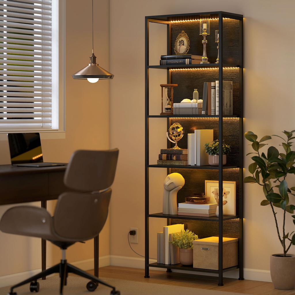 Bookshelf with 5 Levels, Standing Shelf with LED Lighting, 7 Light Colors, for Living Room, 60 x 30 x 179 cm Black