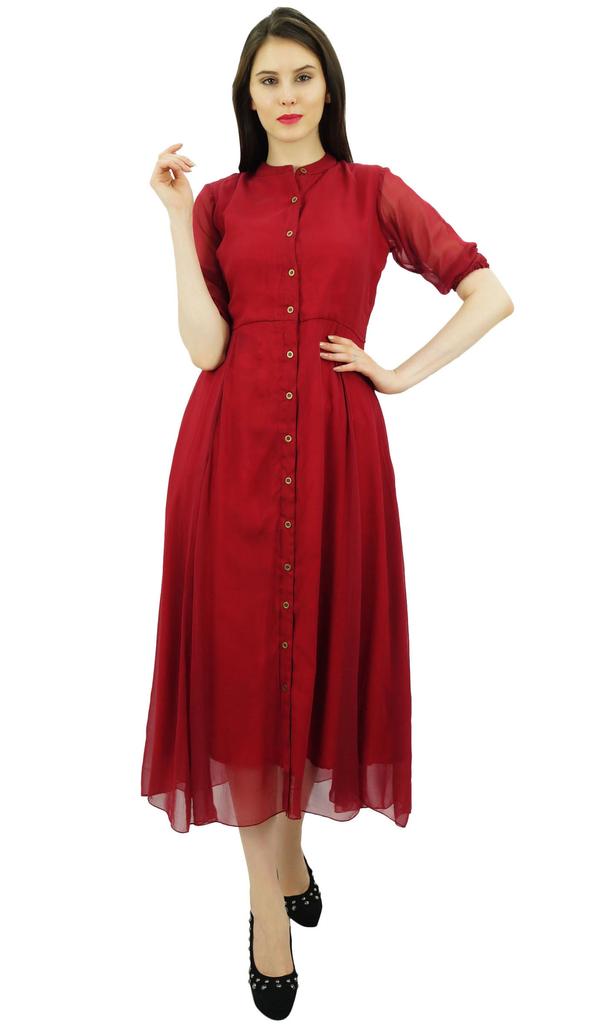 Bimba Women's Georgette Shirt Dress With Front Opening Formal 3 4 Sleeve Chic