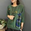 Spring and Autumn  Tops, Casual All-match Printed Three-quarter-sleeved Knitwear, Ethnic Style, Large Size Loose Short-sleeved Women's Tops