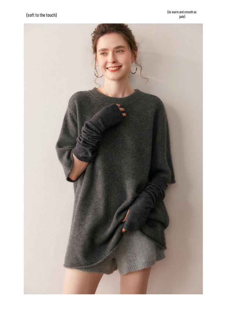 Women's Mid-Length Cashmere Knit Pullover - Five-Point Sleeves, Round Neck, Elegant Simplicity