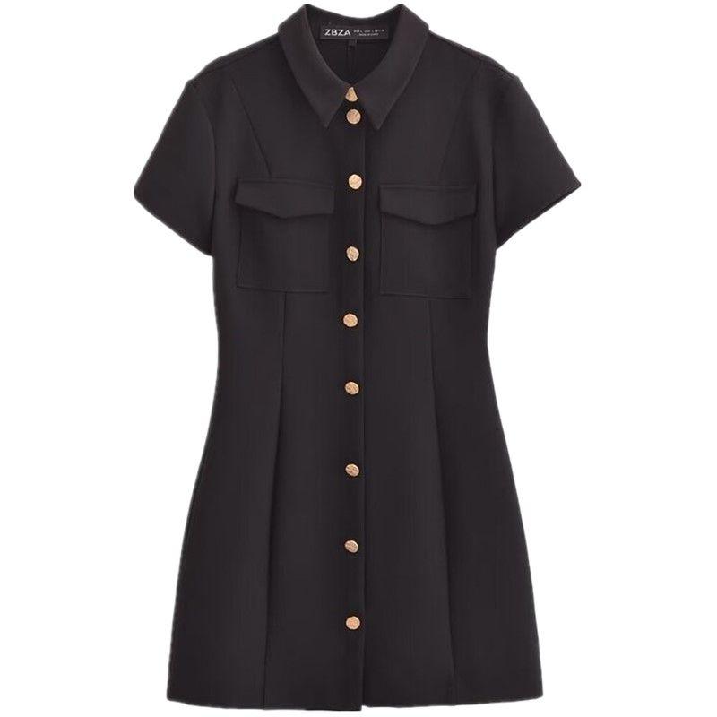 

Fashion Style 2024 New Fall Women s Clothing Gold Breasted Black Short Sleeve Slim Fit Dress 4387249 Black L
