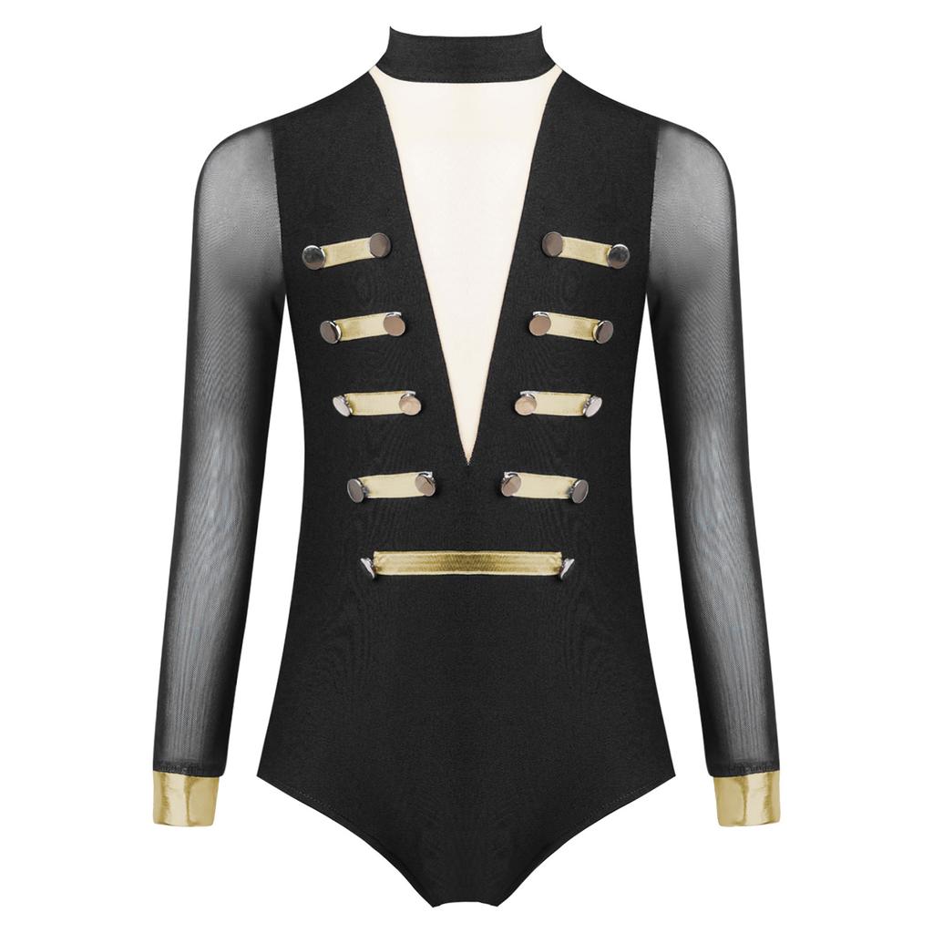 Girls Dance Leotard Sheer Mesh Long Sleeves Mock Neck Keyhole Back Metallic Stripes Buttons Bodysuit Costume