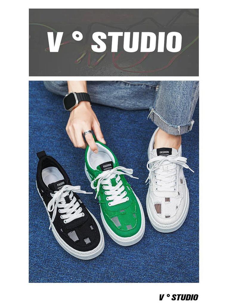 2025 Men's Breathable Canvas Shoes - Summer Fashion, Trendy, Odor-Resistant, Ripped, Wear-Resistant White Skate Sneakers