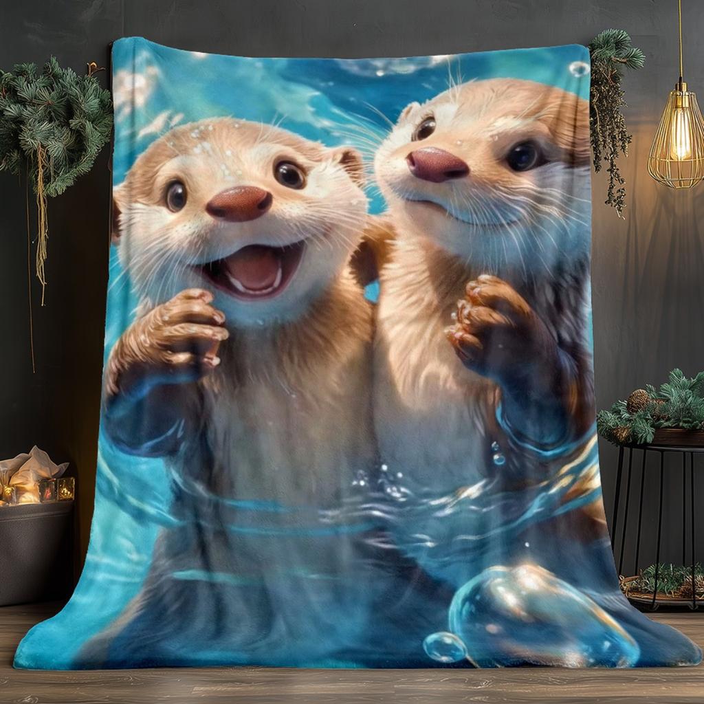 1pc Two Otters In Water Blanket - Lightweight Flannel Soft Warm All-Season Throw, Charming Digital Print for Sofa Bed Travel Camping Living