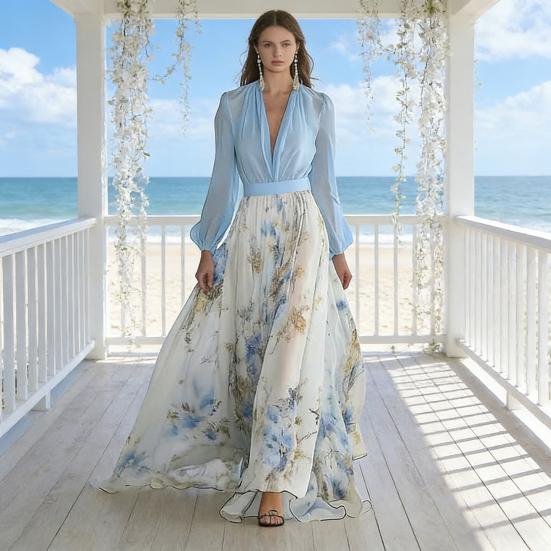 Dámské šifonové šaty s dlouhým rukávem, květinový potisk, hluboký výstřih do V, splývavé šaty áčkového střihu, šaty pro hosty na jarní svatbu