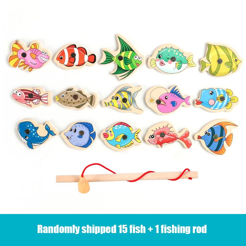 Wooden Magnetic Fishing Toys for Baby Cartoon Marine Life Cognition Fish Games Education Parent-Child Interactive