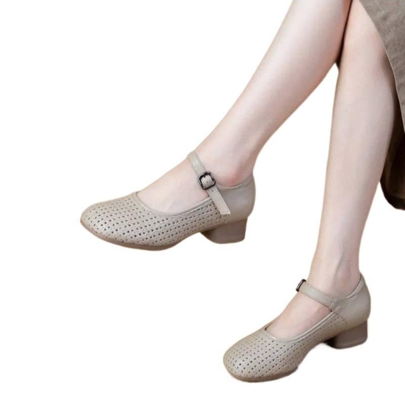 Spring and summer 2025 new Velcro one-word with women's shoes French retro light mouth thick heel comfortable single shoes hole shoes