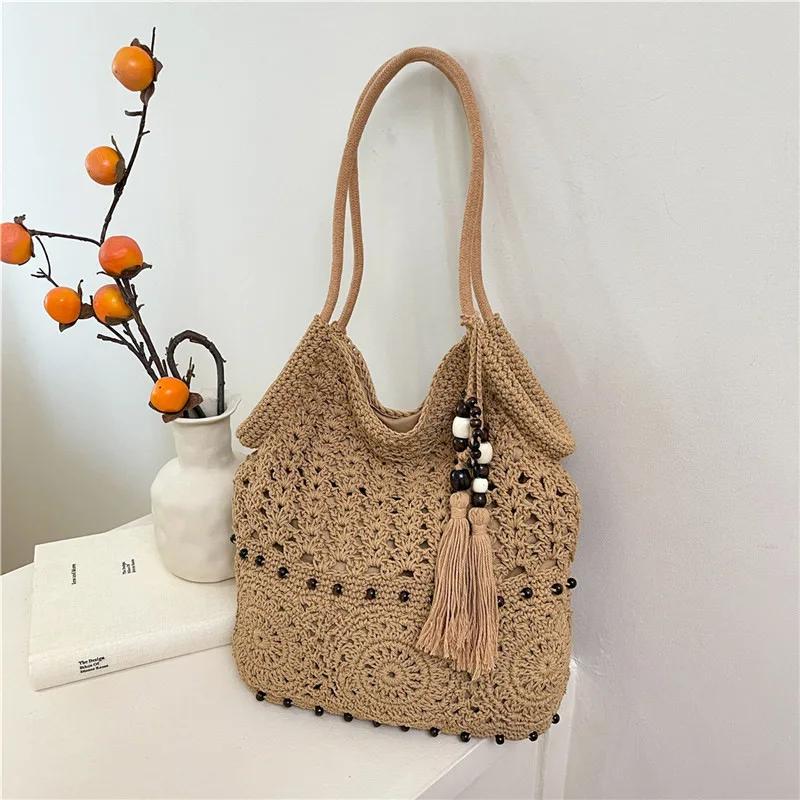 

Fringed Cotton Thread Underarm Shoulder Bag,Niche Hollow Tassel Woven Straw Bag,Summer Beach Tote Bag,Women Shopping Handbag