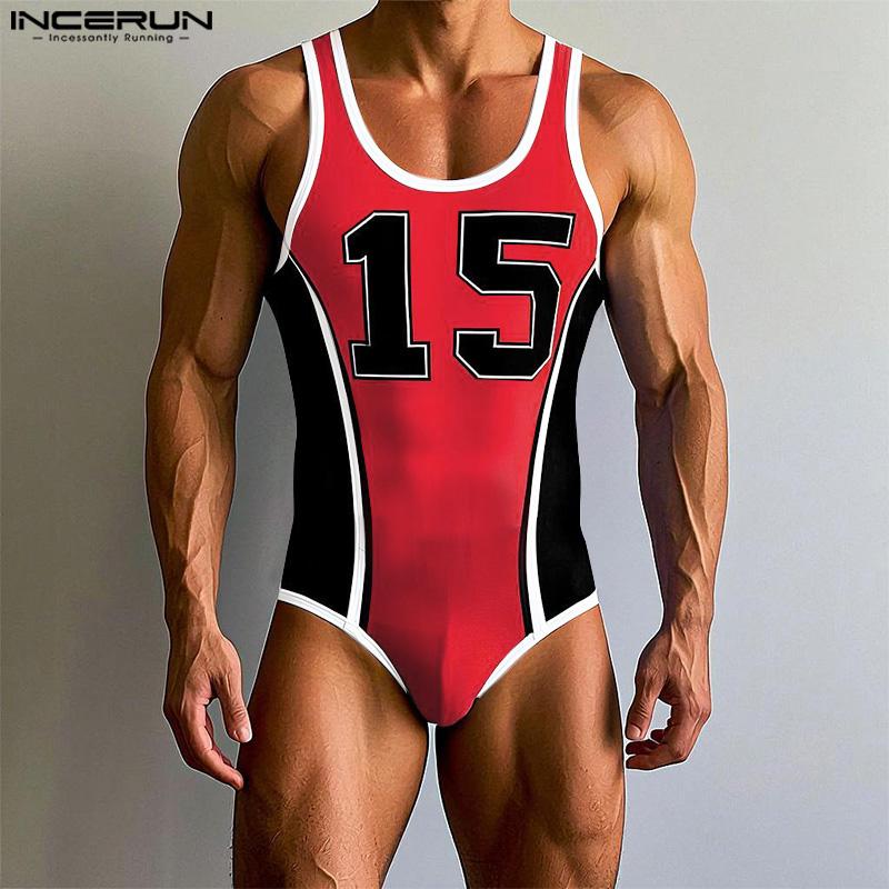 INCERUN Men Sleeveless Stitching Letter Print Briefs Bodysuits Fitted Jumpsuits Underwear