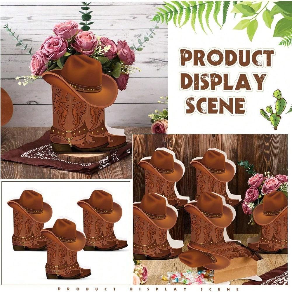 10 set Western Cowboy Boots Flower Boxes Centerpiece Boot Shape Box Decorations Western Theme Party Boot Gift for Wedding Supplies(Brown, Classic)