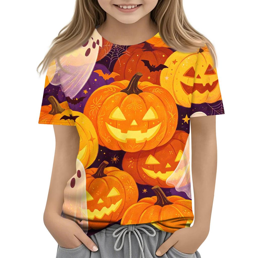 Kids Halloween Print Short Sleeve T Shirt Round Neck Casual Top Boys Girls Comfortable Fit Lightweight Fabric Soft Material