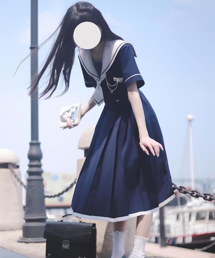 GSYCL Sailor Short Navy Blue and High School Girl Halloween JK Long Perfect for Cultural and Cute Mori Girl Style Dress, Sleeves, White, 3-Piece Set,