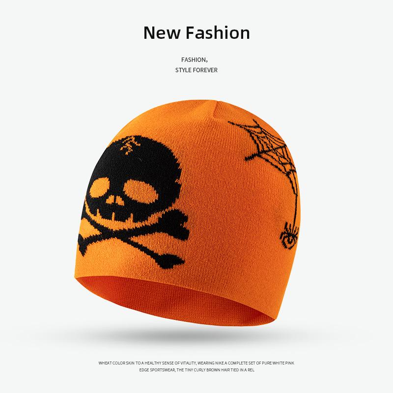 Halloween-themed skull wool knitted hat, autumn and winter couples trendy pullover hat, knitted ear protector cold hat