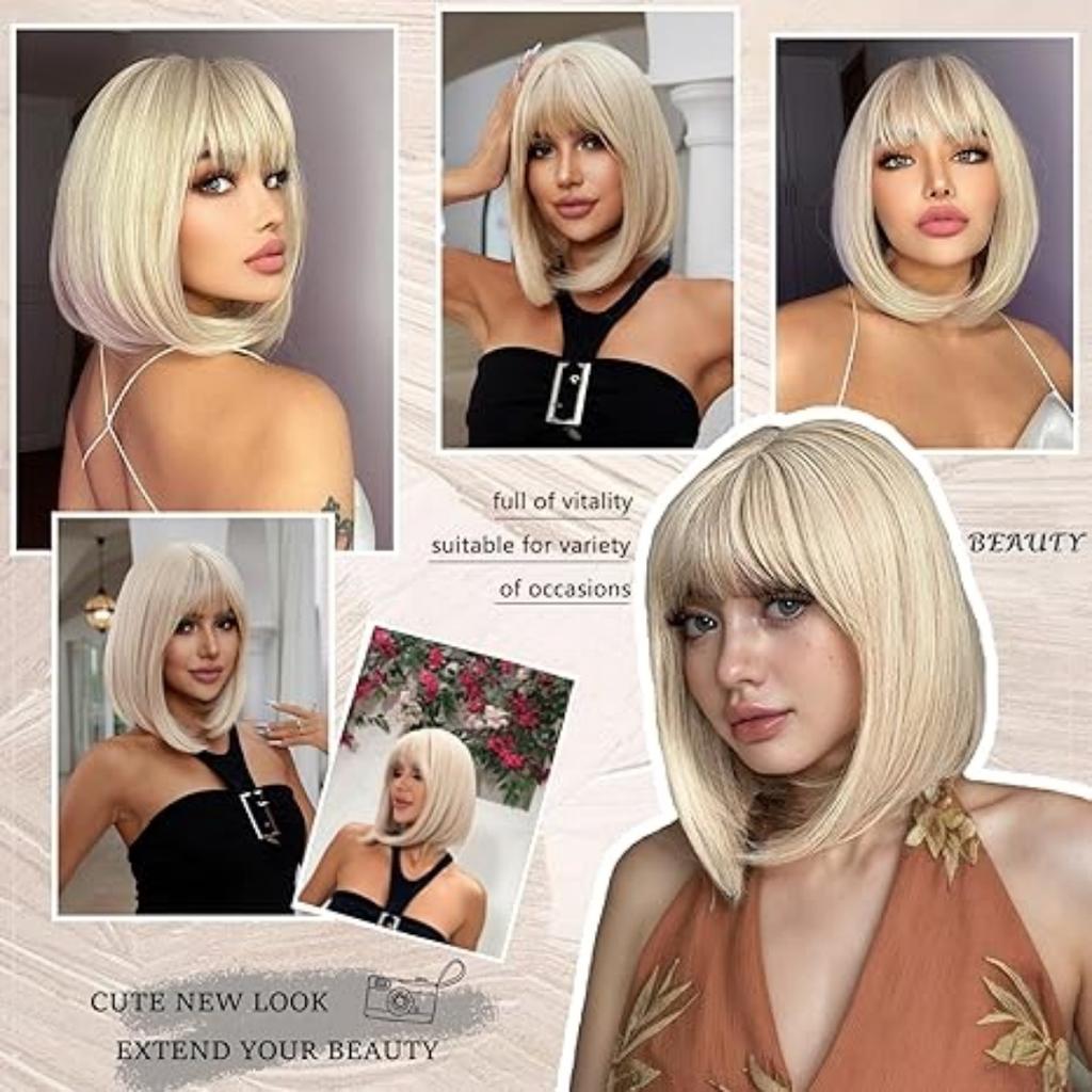 Synthetic Bob Wigs with Bang Short Straight Light Blonde Beige Natural Hair Wigs for Women Daily Cosplay Heat Resistant
