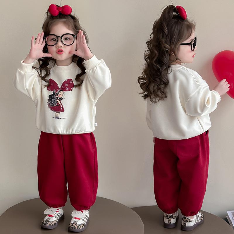 Girls' 2026 Spring-Autumn Korean Cartoon Print Fashion Set