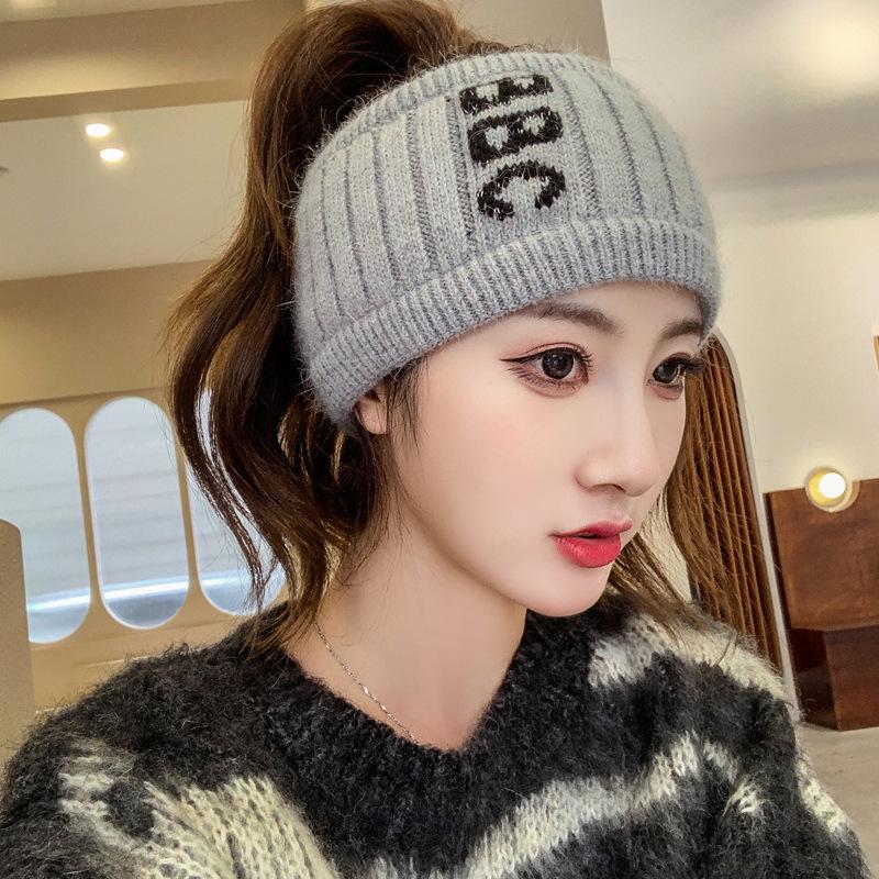 Korean Style Winter Knitted Wool Hat Women's Internet Celebrity Japanese Sports Bag Head Hat Empty Top Ponytail Hat Headband Pullover Hat