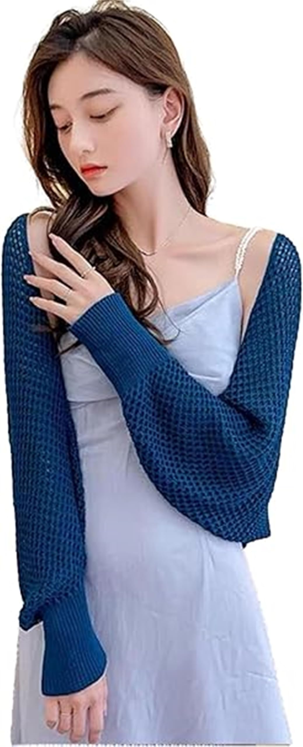 

Вязаный кардиган с ажурным верхом-болеро в стиле кэжуал с длинным рукавом и возможностью носить слоями. Доступен в 5 идеален для и это болеро обеспечивает защиту от воздуха синий