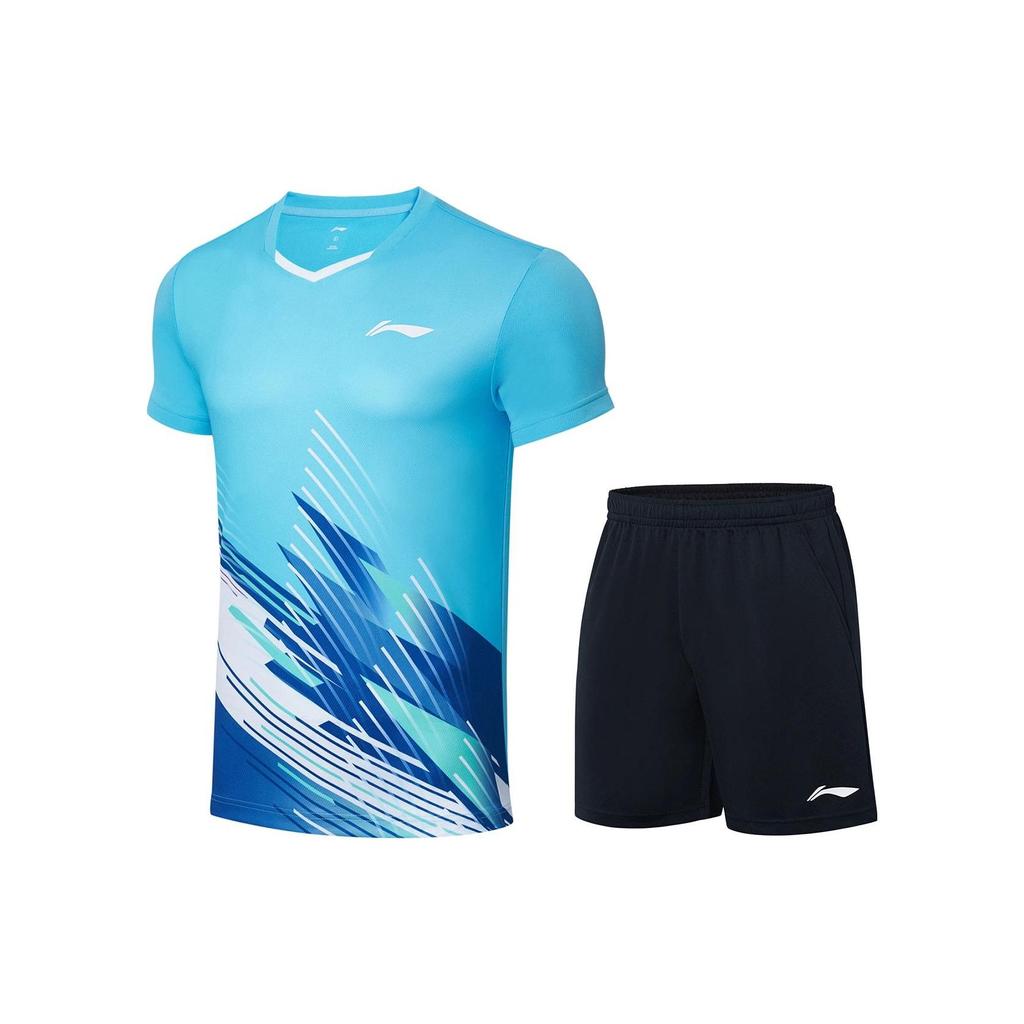 Li Ning Badminton Series Quick-Dry Cool V-Neck Short Sleeve T-Shirt Mid-Waist Straight Leg Shorts Basketball Set Unisex Sportswear AATT021-3