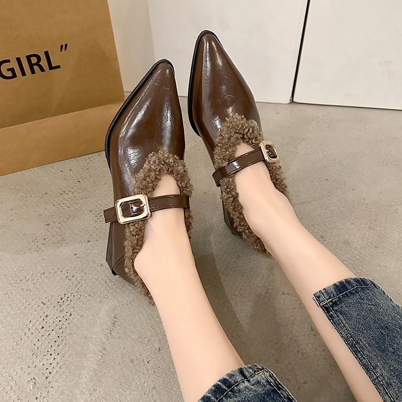Women's Single Boots Winter New Mid-heel Pointed Plush Buckle Leather Boots Fashion Comfortable Increase Wear Oxford Shoes