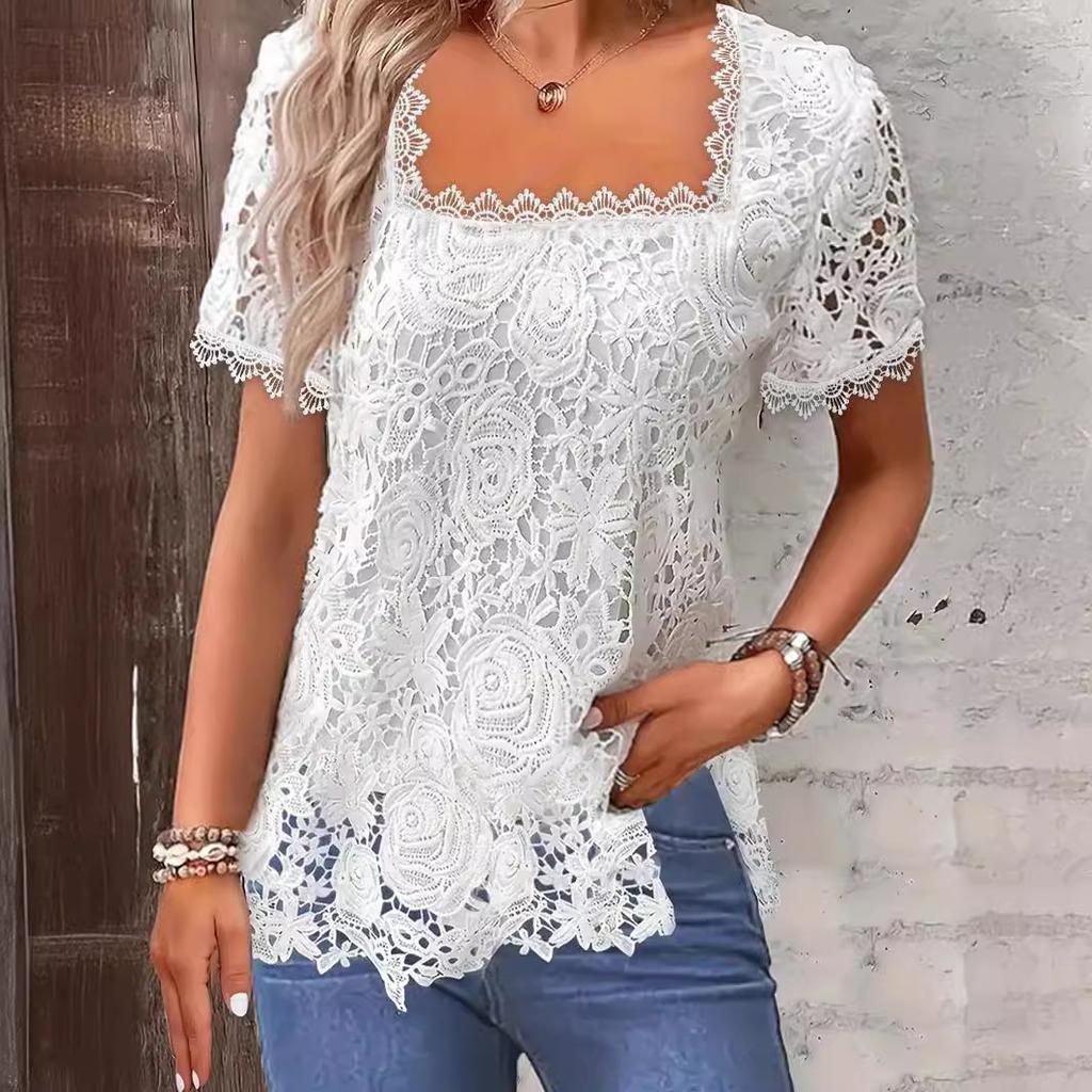 Sommer Damenmode Einfarbiges Lässiges T-Shirt mit quadratischem Ausschnitt und Spitzenkante