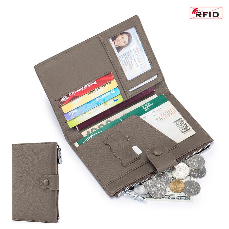 Rfid Multifunctional Travel Passport Wallet Card Holder Women'S Leather Thin Wallet Ticket Cover Holder Zipper Pocket Card Holder