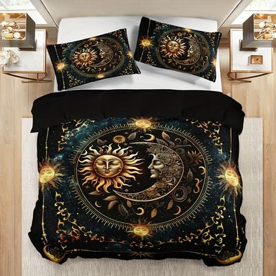 Nebeská digitálně potištěná ložní souprava Syn Měsíc Povlak na přikrývku Set Prodyšná látka Zlatý astrologický design King Queen Twin Size