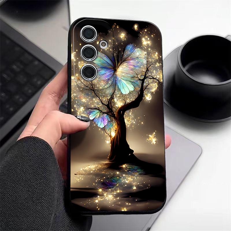Shining Fantasy Tree Butterfly Pattern Case For Samsung Galaxy S26 Ultra S25 Edge S24 S23 S22 Plus S21 FE Leather Texture Silicone Cover