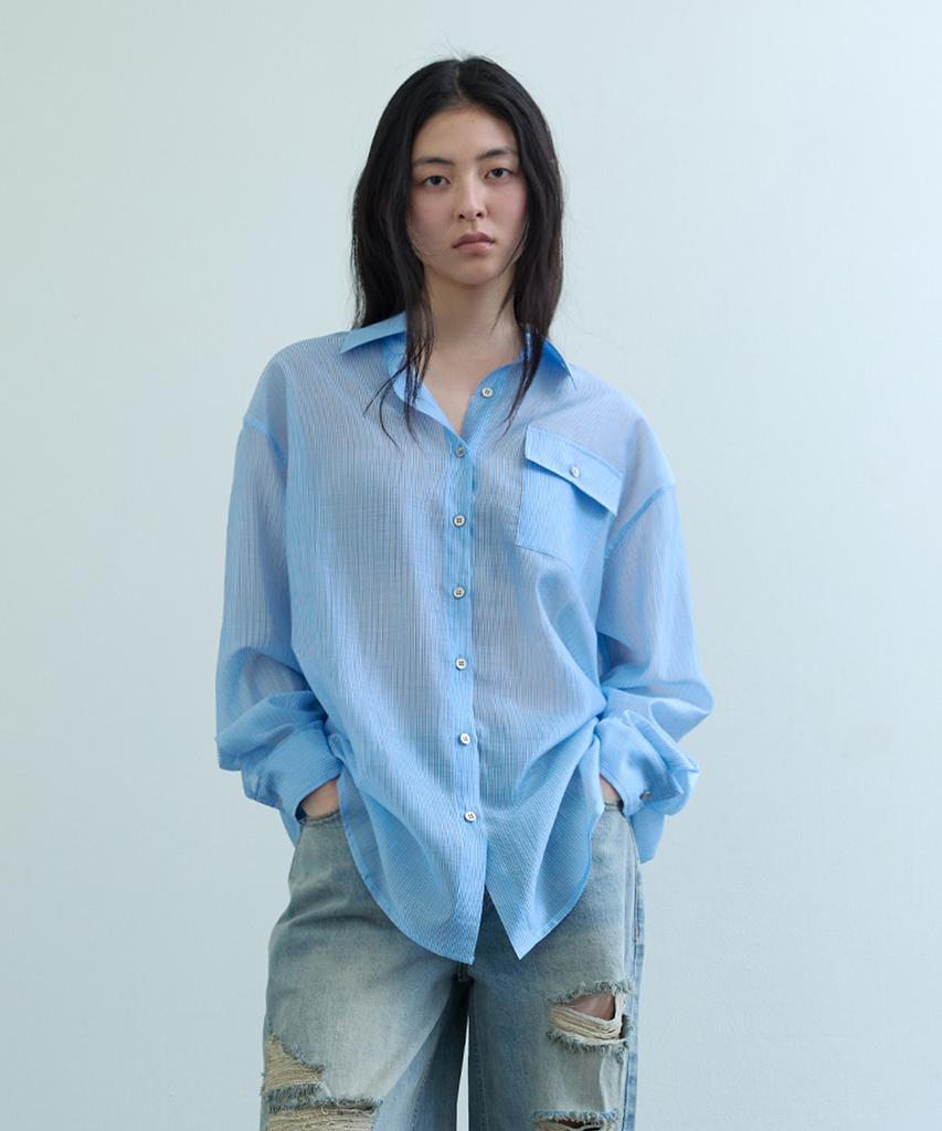 Uusoo Oversized Tencel Sheer Shirt_ Blue Stripe