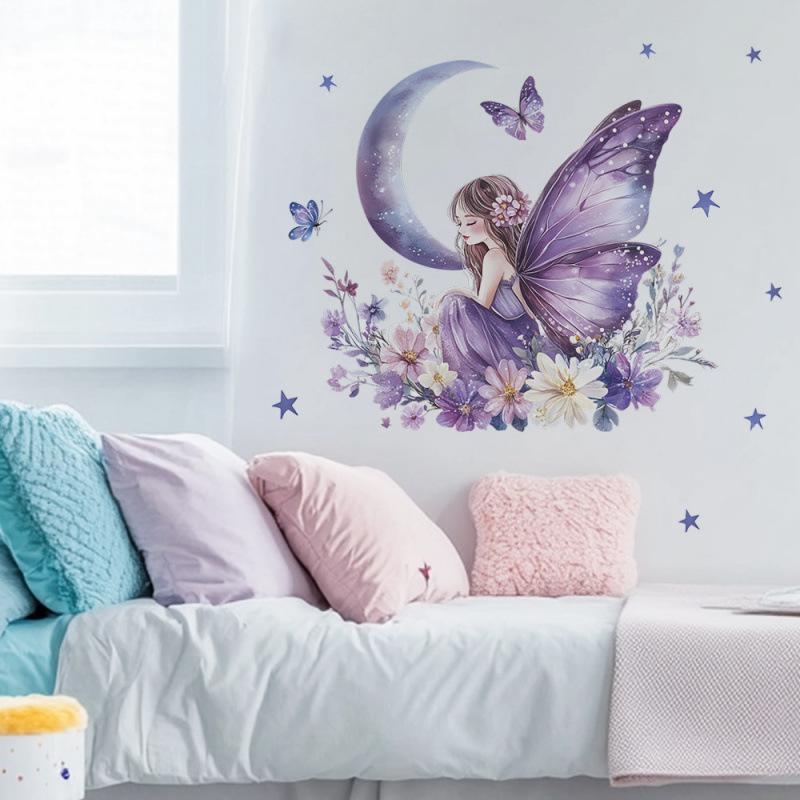 Purple Butterfly Girl Flower Wall Stickers Living Room Decorative Stickers Girl Room Children Bedroom Background Wall Decorative