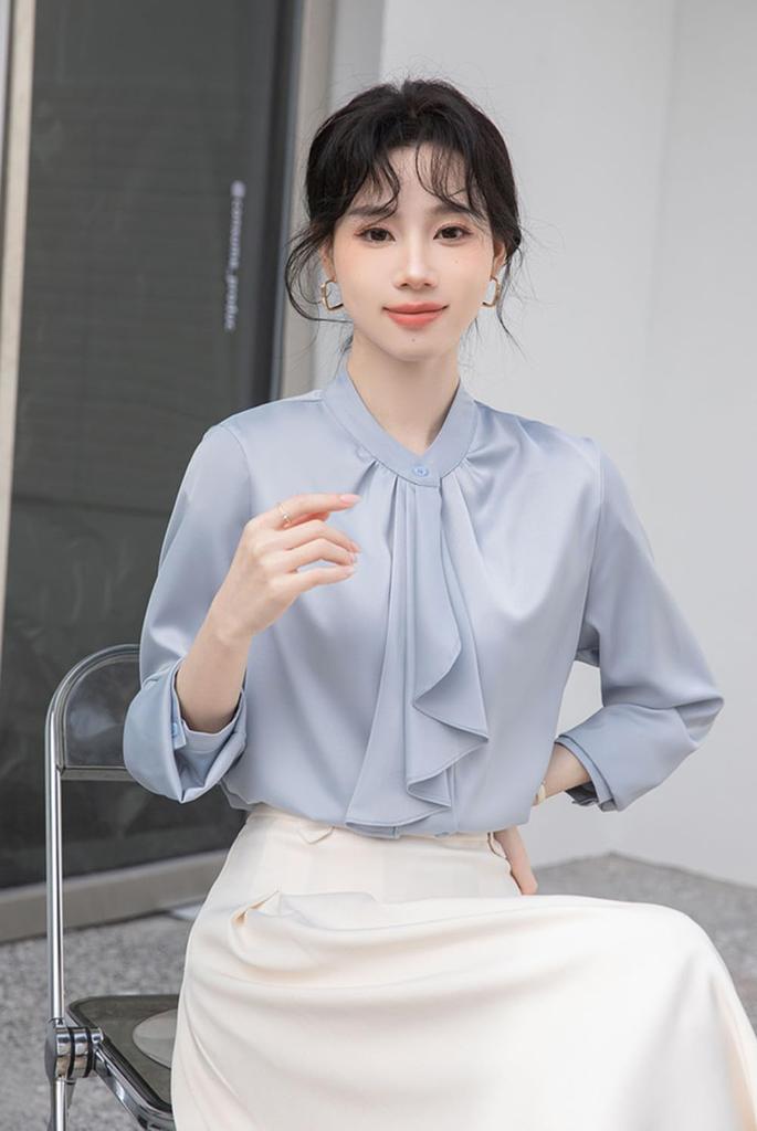 [SYitong] Women's Long-Sleeved Plain Blouse, Stylish, Washable, Collarless, White/Pink, Lined, Business/Office, Cute, Popular, Date, Outing, Commuting