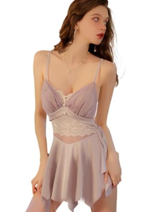 

Платье Babydoll из тюля, кружева, атласа, сексуальное, с открытой спиной, с глубоким V-образным вырезом, для прекрасной ночи и чарующего очарования [Yayamama] (Фиолетовый,